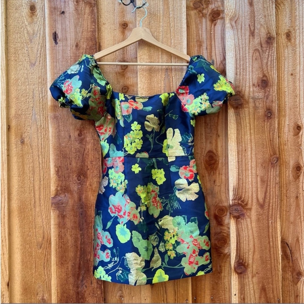 Navy Blue and Green Multi Floral Jacquard Puff Sleeve Mini Dress 🌿 - Picture 9 of 11